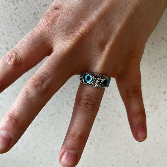 Retro Blue Eye Owl Open Ring, Exaggerated Animal Adjustable Finger Ring - Picture 2 of 12
